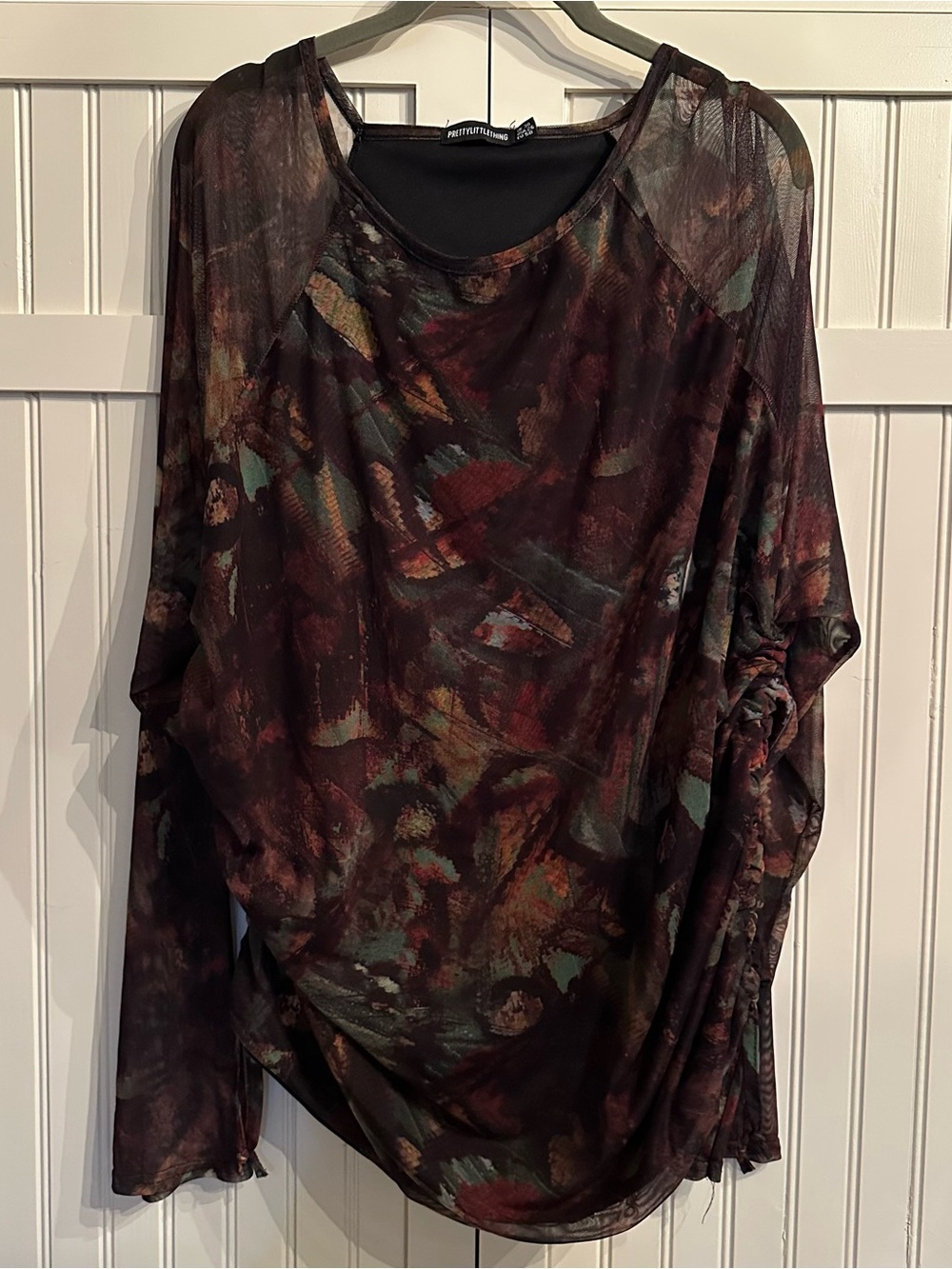 PrettyLittleThing Dark Maroon Abstract Sheer Long Sleeve Top USA 26 fits 4x/5x